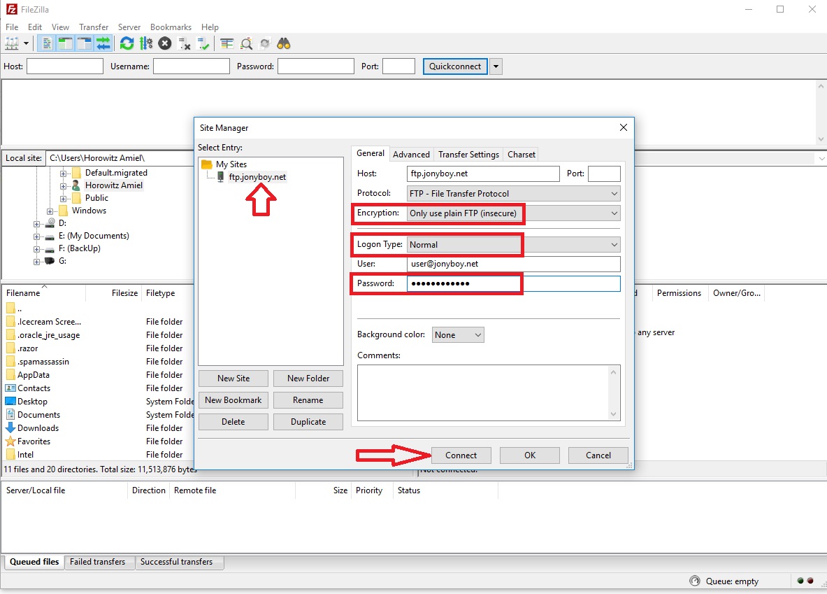 התחברות ל- FTP עם תוכנת Filezilla התחברות ל- FTP עם תוכנת Filezilla